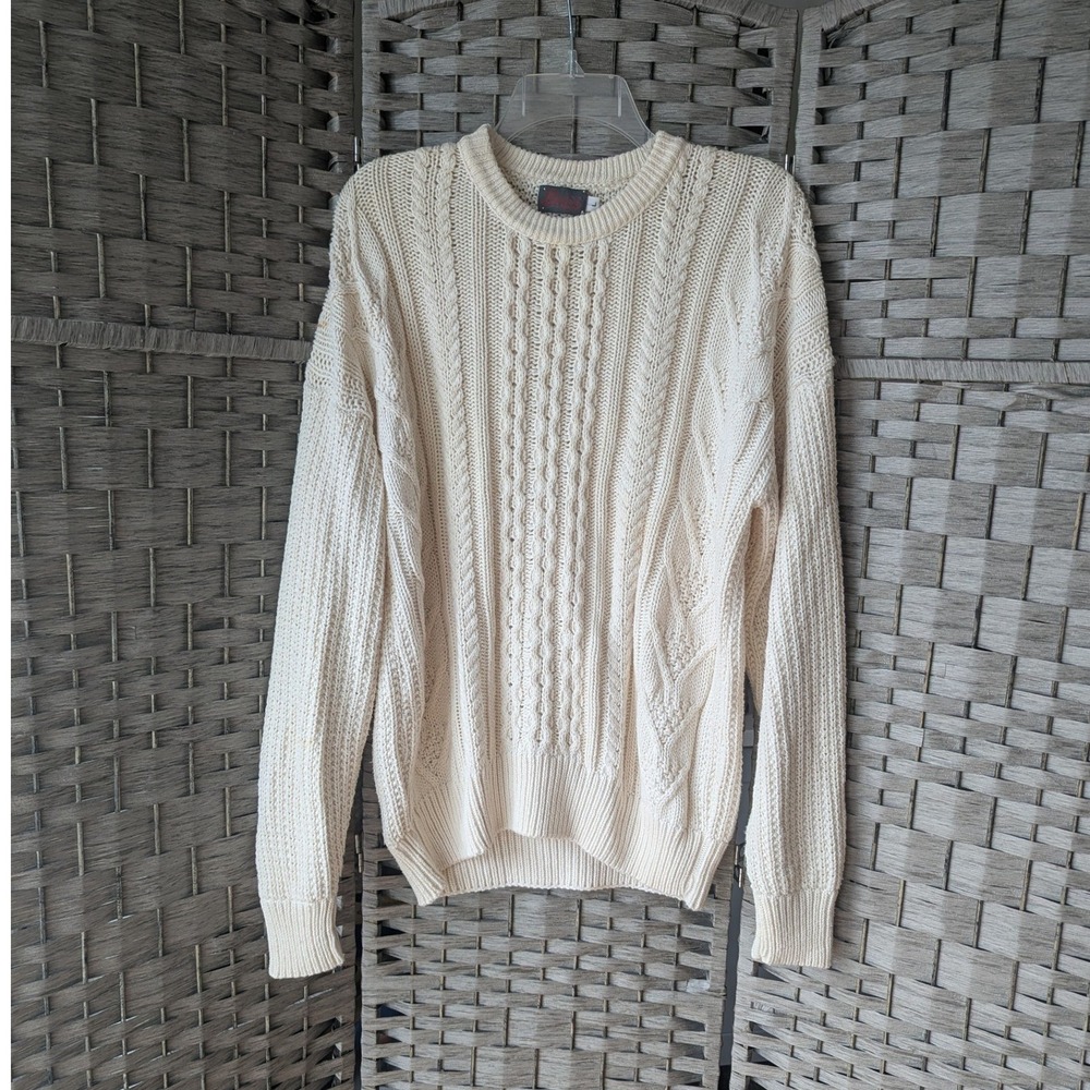 Vtg 90s Bass Sweater Cream Cable Knit Fisherman Pullover Sz L Old Money Preppy